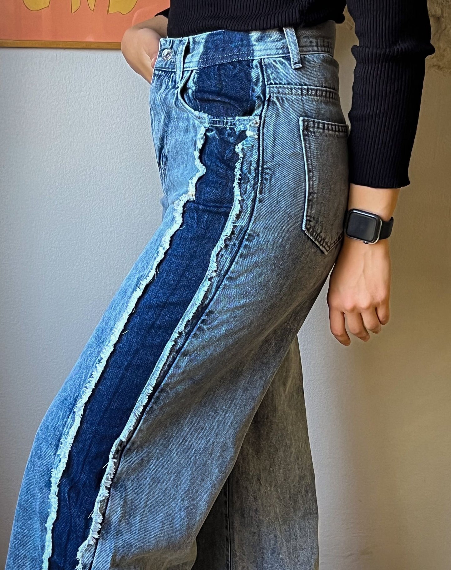 Pantalon en jean bicolore