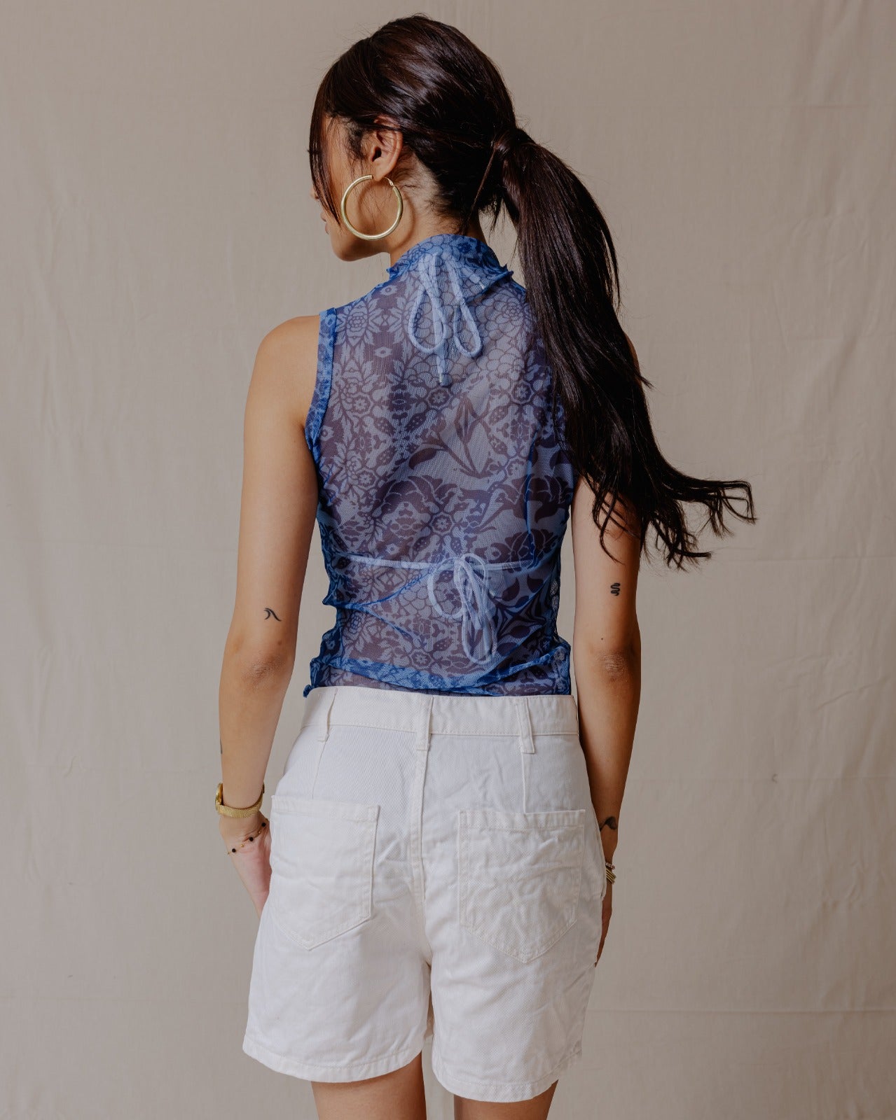 Top Floral Fusion Mesh Bleu