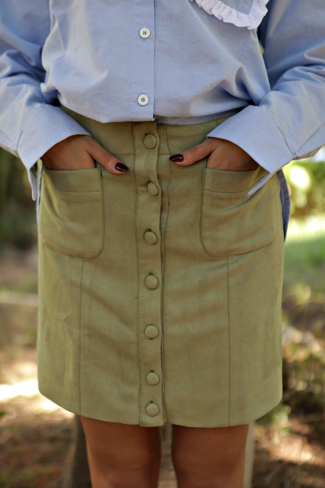 Suede Buttoned Mini Skirt Green