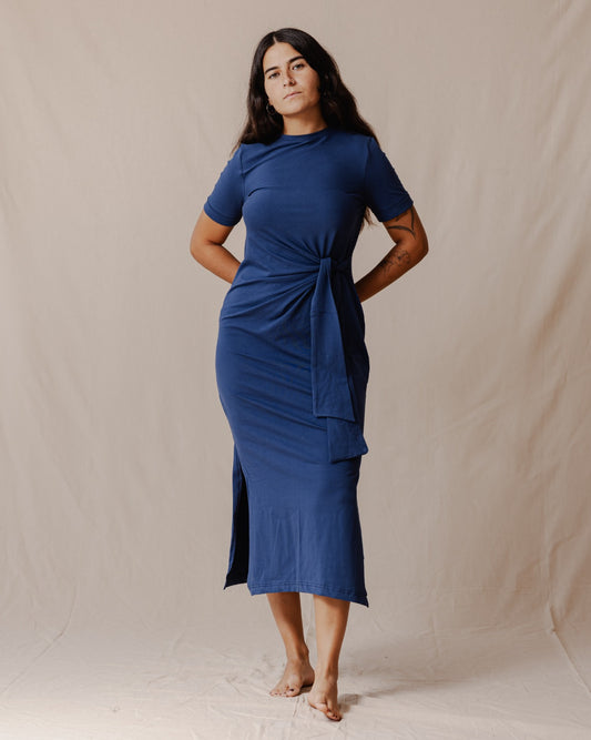 Side Tie Cotton Dress Blue