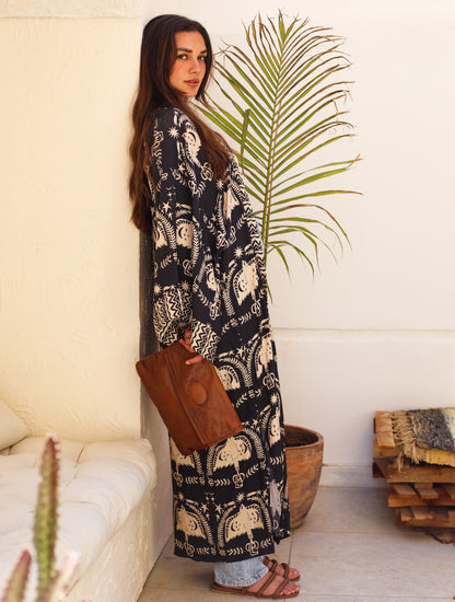 Kimono en coton Boho Birds noir