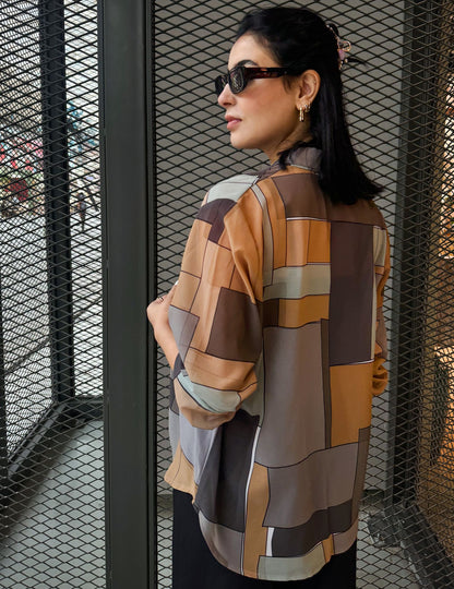 Patchwork Chiffon Shirt In Brown Shades