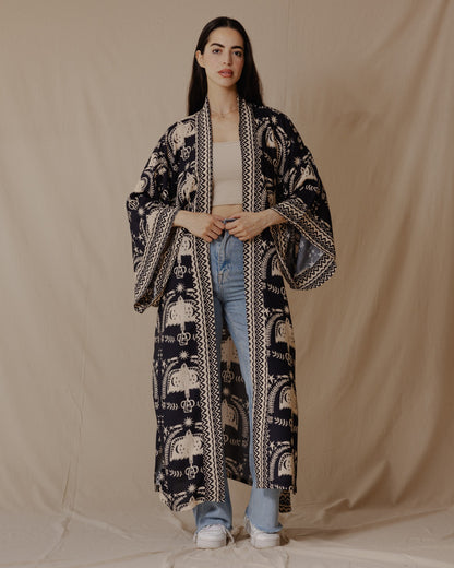 Kimono en coton Boho Birds noir