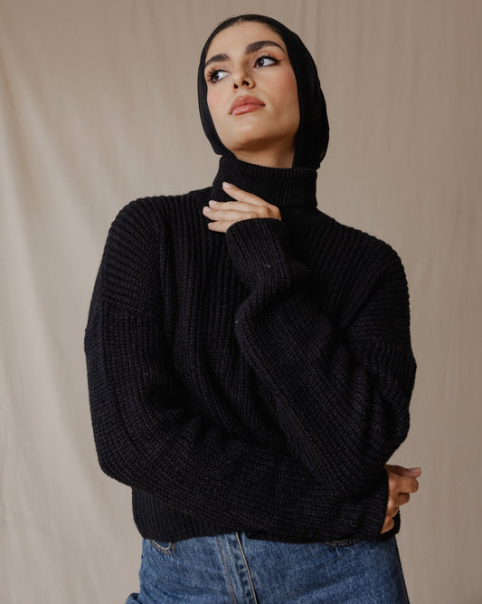 High Neck Cropped Pullover Black