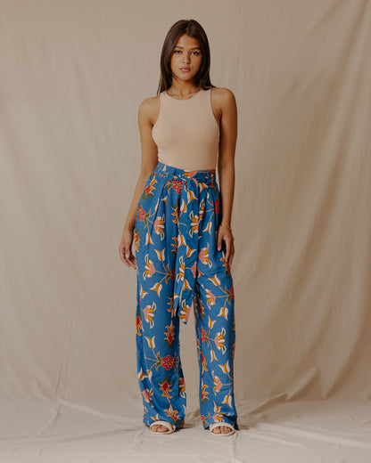 Pantalon persan en coton à fleurs bleu