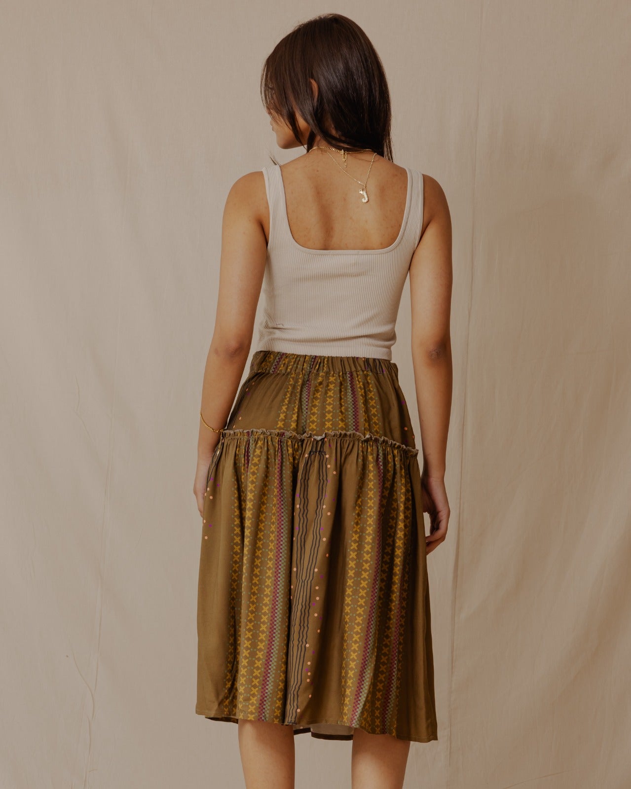 Geometric Lines Midi Skirt Olive