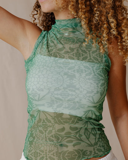 Top Floral Fusion Mesh Verde