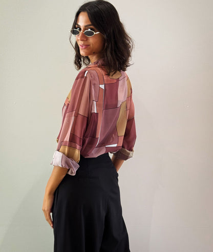 Patchwork Chiffon Shirt In Burgundy Shades