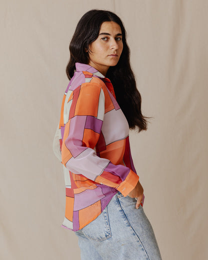 Patchwork Chiffon Camisa Naranja X Púrpura