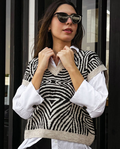 Gilet tricoté Zebra Illusion Beige X Noir