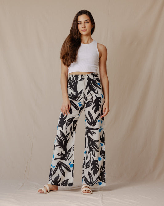 Black And White Leaves Linen Pants