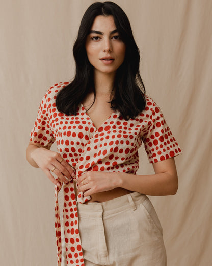 Canela Polka Dot Linen Top