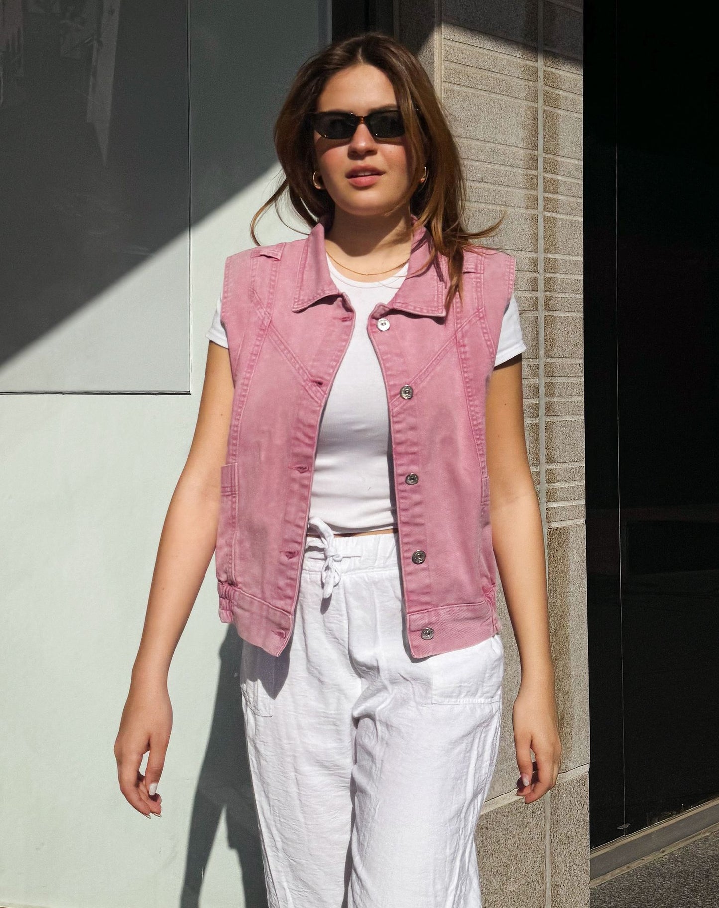 Gilet in denim lavato rosa