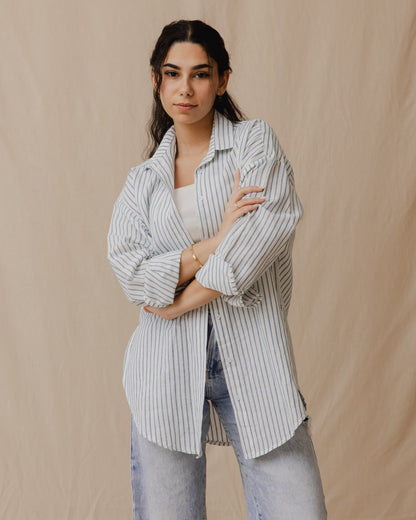 Chemise oversize rayée en lin Bleu