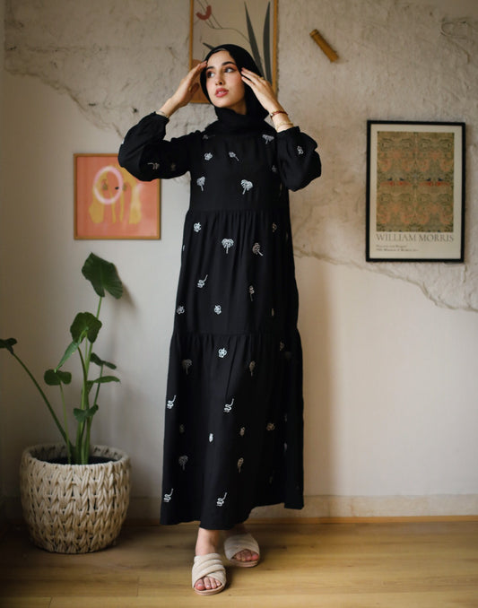 Starry Palm Tree Embroidered Dress Black