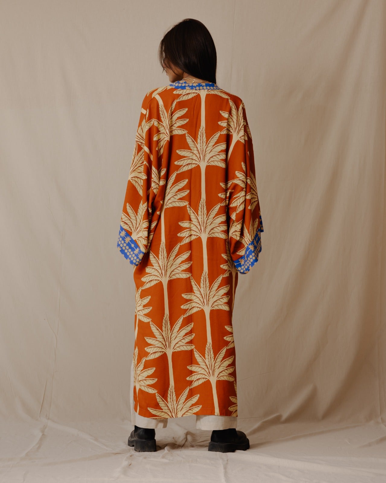 Palms Cotton Kimono Orange X Blue