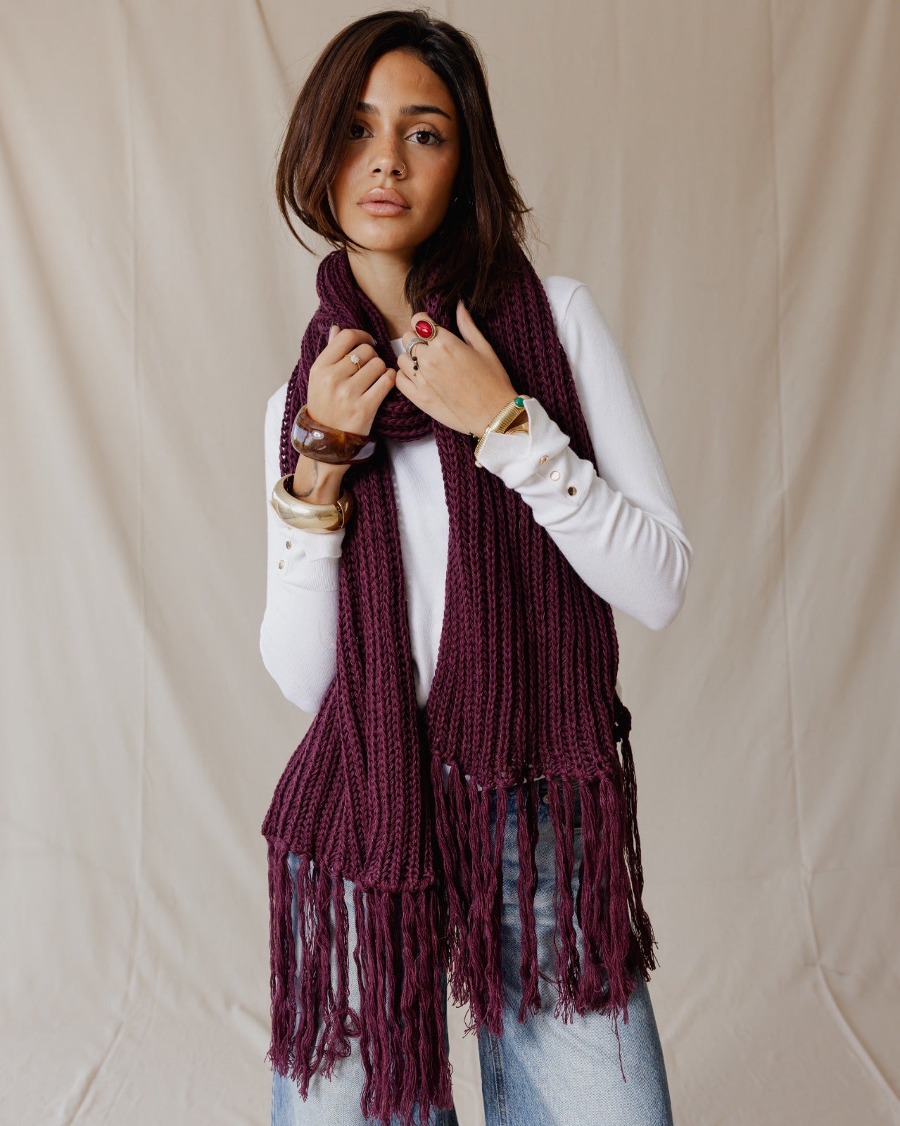 Handmade Edge Fringe Scarf Plum