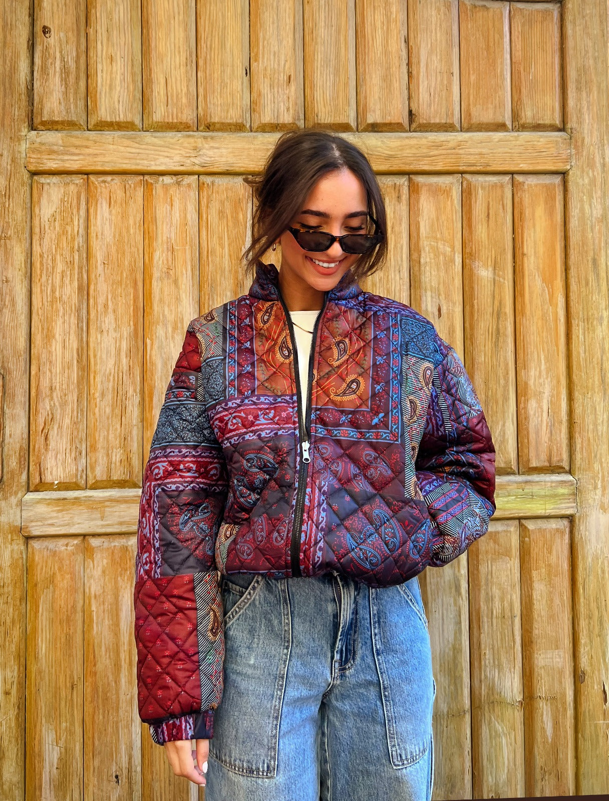 Chaqueta acolchada con patchwork de cachemira