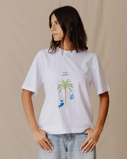 Mediterrane Palme Regelmäßiges T-Shirt Weiß