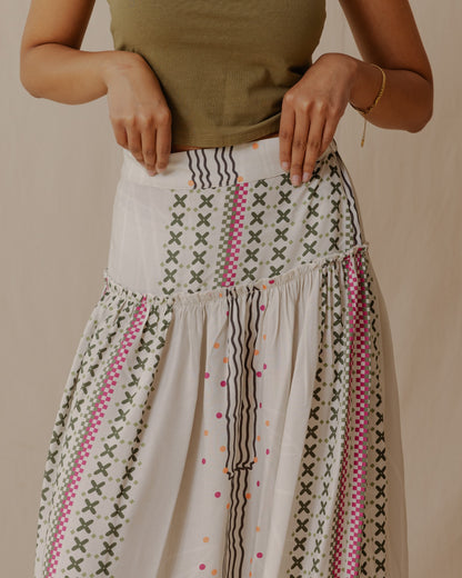 Geometric Lines Maxi Skirt Cream