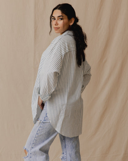 Camicia oversize in lino a righe Blu