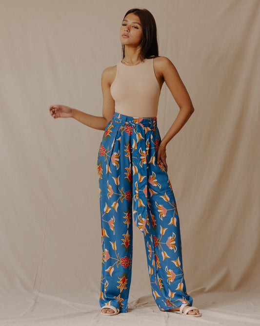 Pantalon persan en coton à fleurs bleu