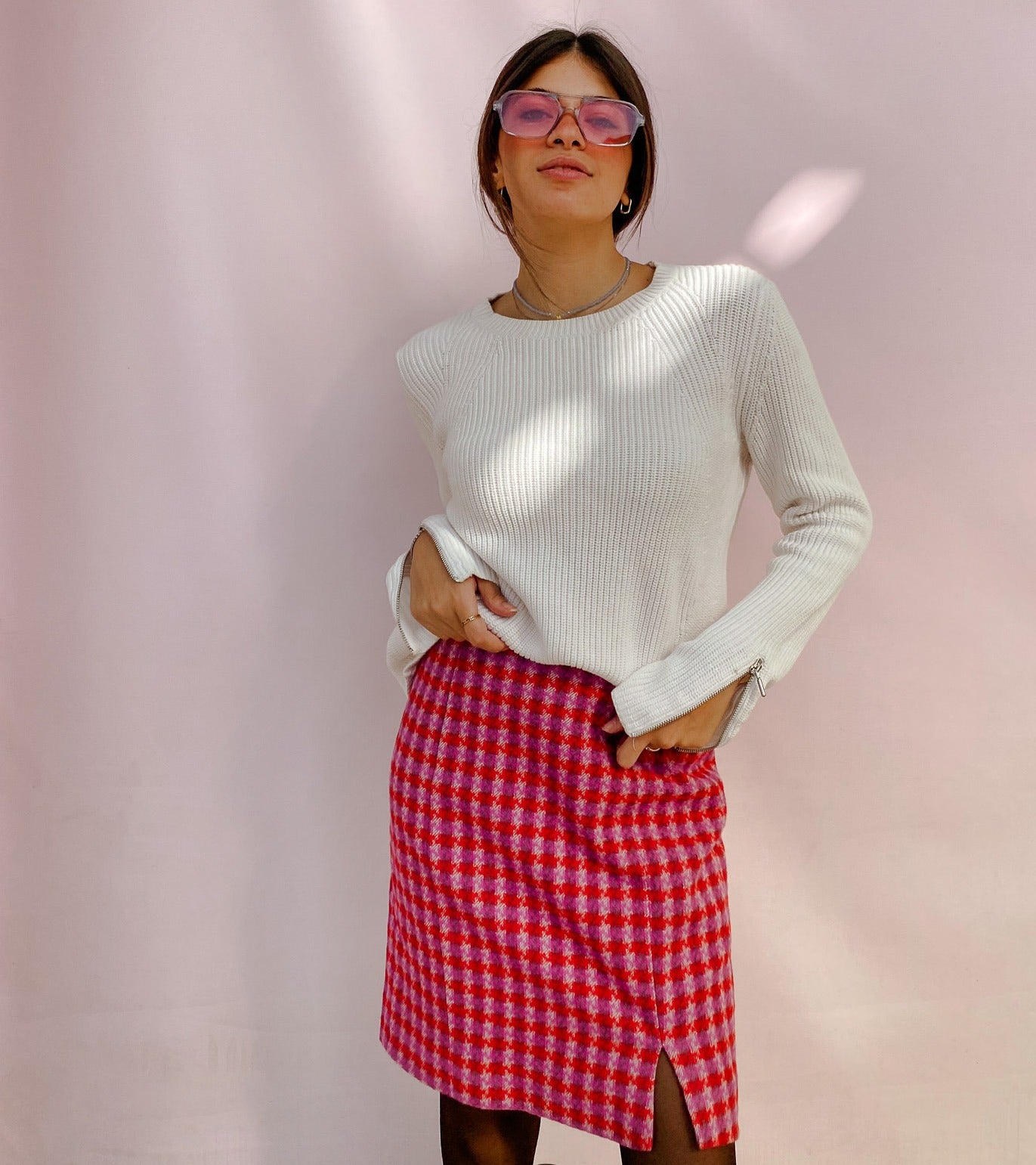 Pink Houndstooth Knee Length Skirt