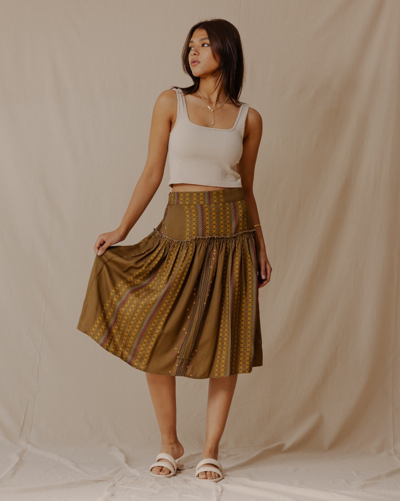 Geometric Lines Midi Skirt Olive