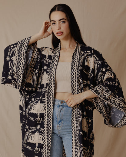 Kimono en coton Boho Birds noir