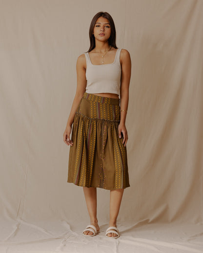 Geometric Lines Midi Skirt Olive