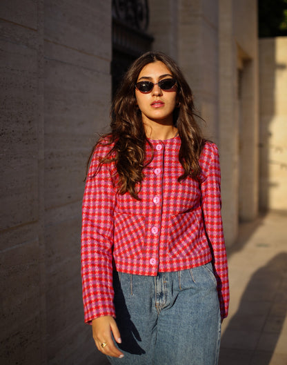 Veste courte à motif pied-de-poule rose