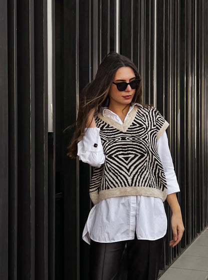 Gilet tricoté Zebra Illusion Beige X Noir