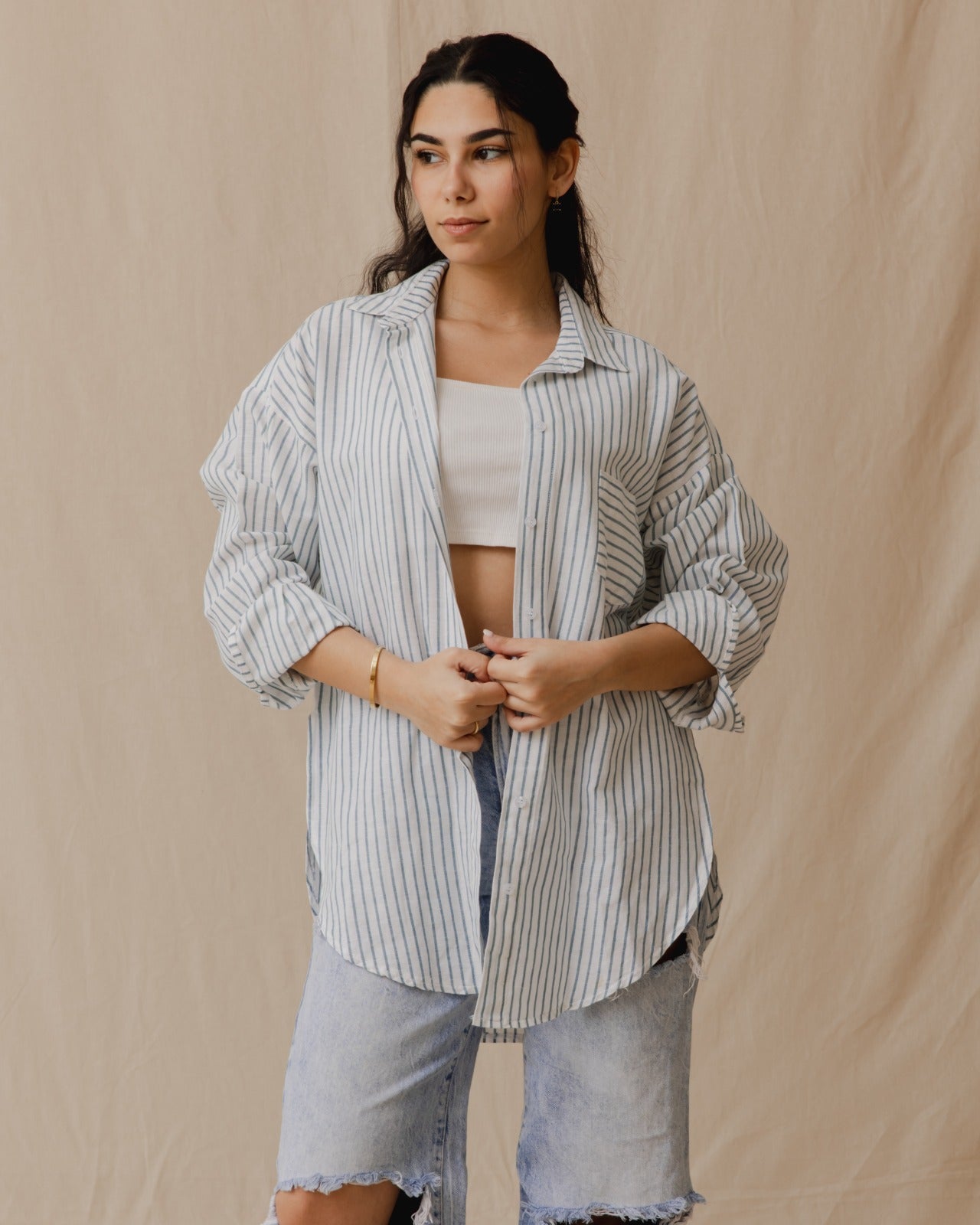 Chemise oversize rayée en lin Bleu