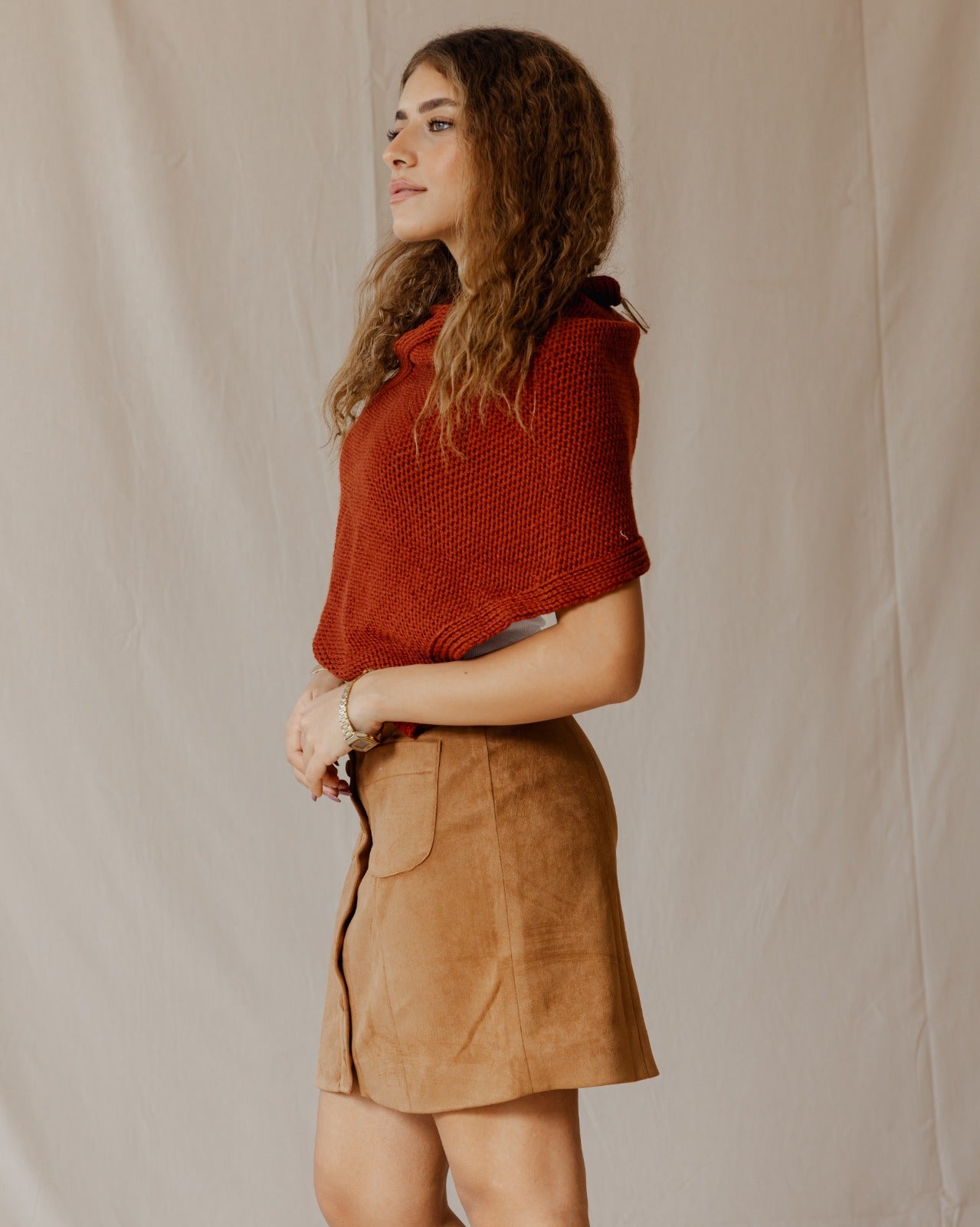 Suede Buttoned Mini Skirt Havane