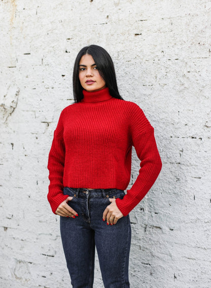 Hoher Hals geschnittter Pullover Rot