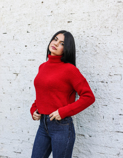 High Neck Cropped Pullover Vermelho