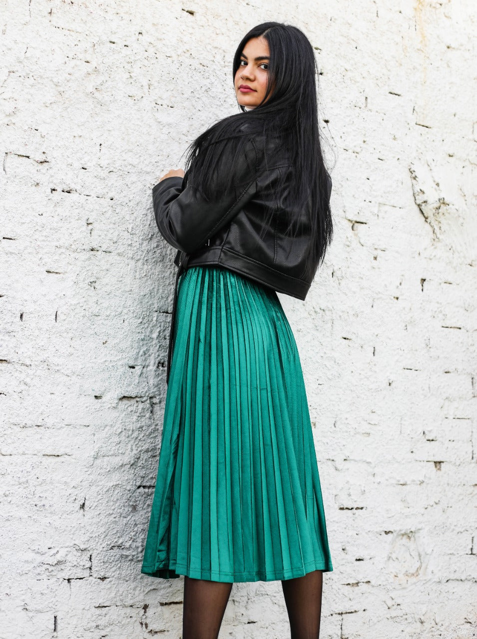 Pleated Velvet Skirt Green