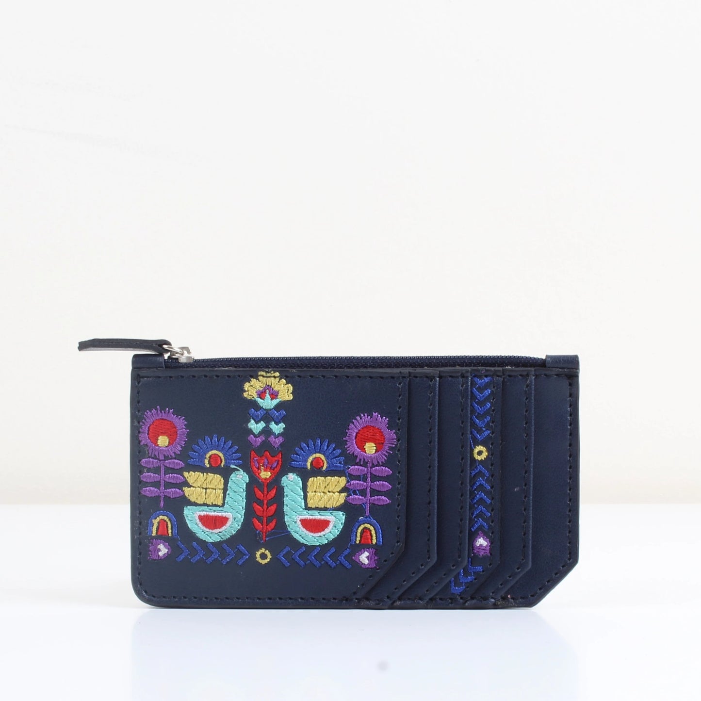 Porta carte di fiori blu navy con uccelli