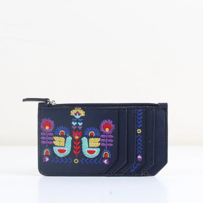 Porta carte di fiori blu navy con uccelli