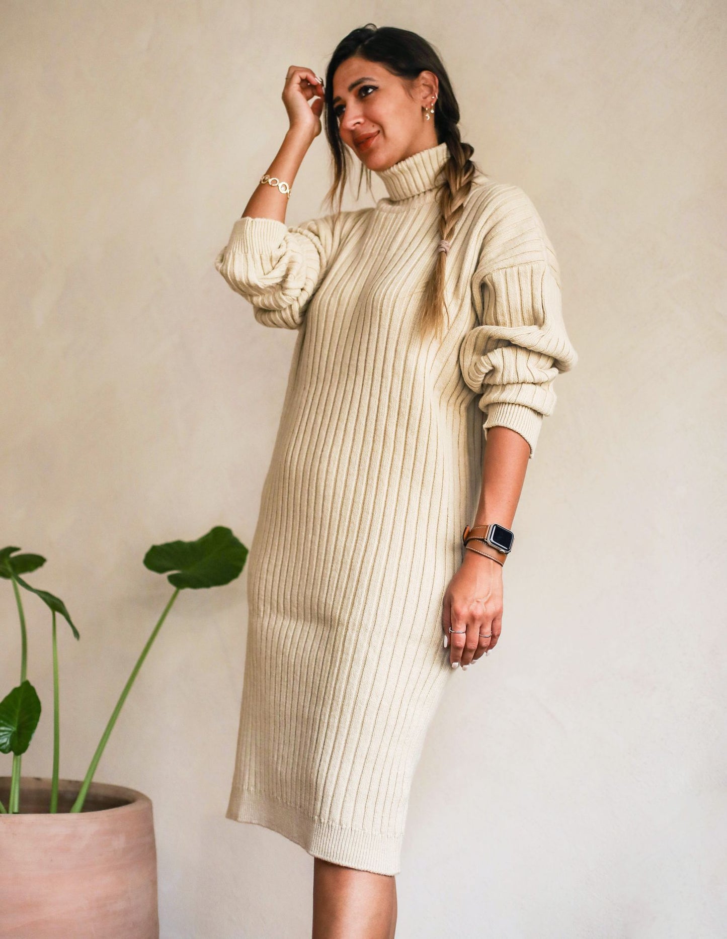 Ribbed Knitted Dress Beige