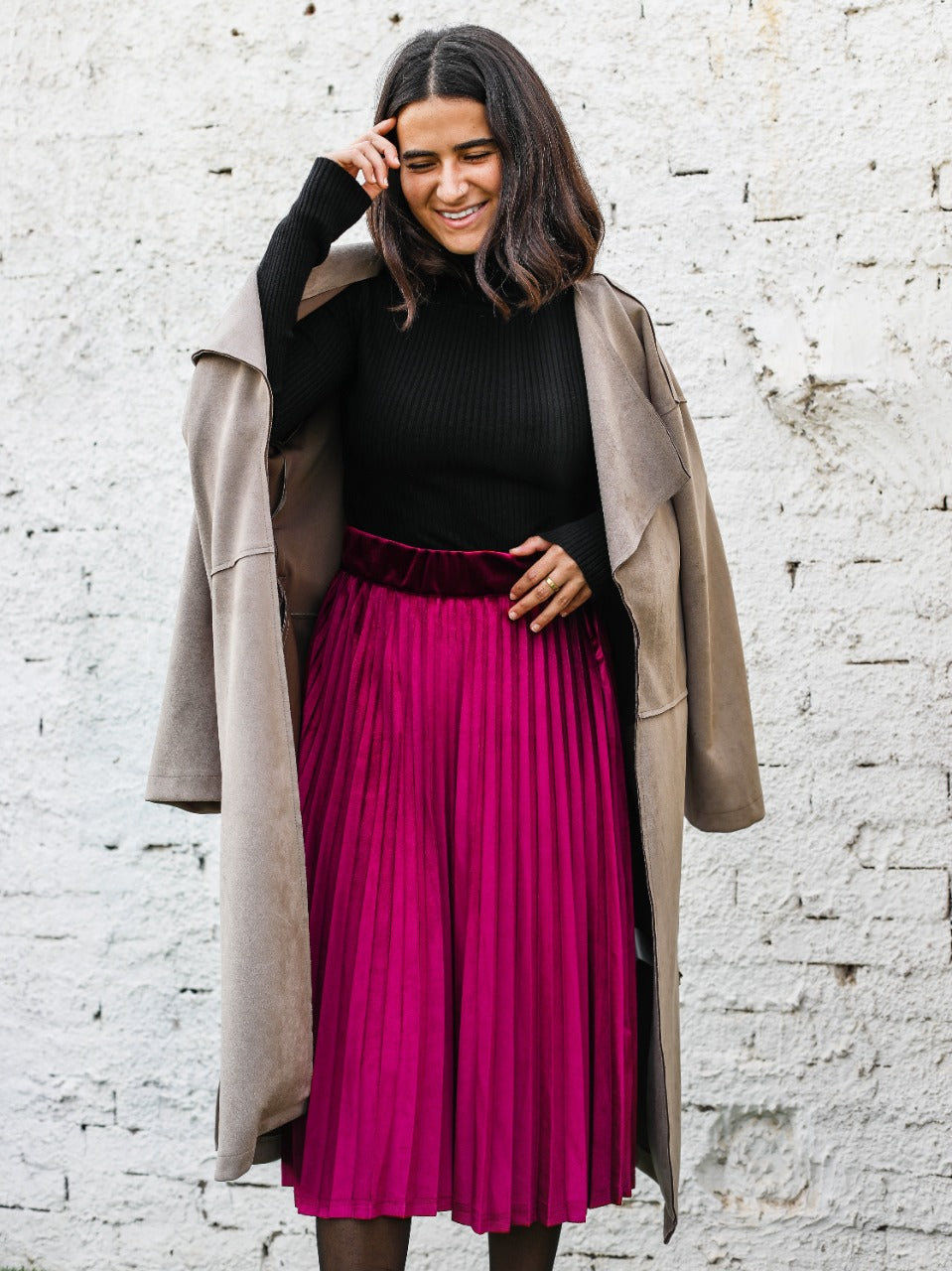 Pleated Velvet Skirt Burgundy