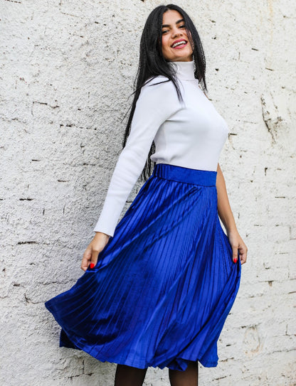 Pleated Velvet Skirt Blue