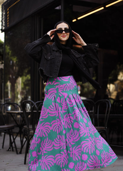 Big Leaves Cotton Skirt In Purple Fusion