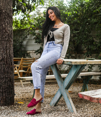 Plain Soft Belted Mules Burgundy