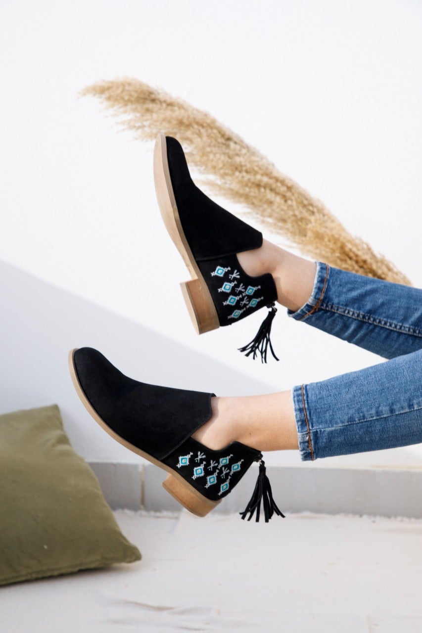 Amazigh Inspired ankle boots Black x Light Blue